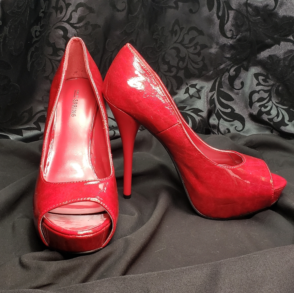 Red Patent Peep Toe Platform Stiletto Pumps - 9